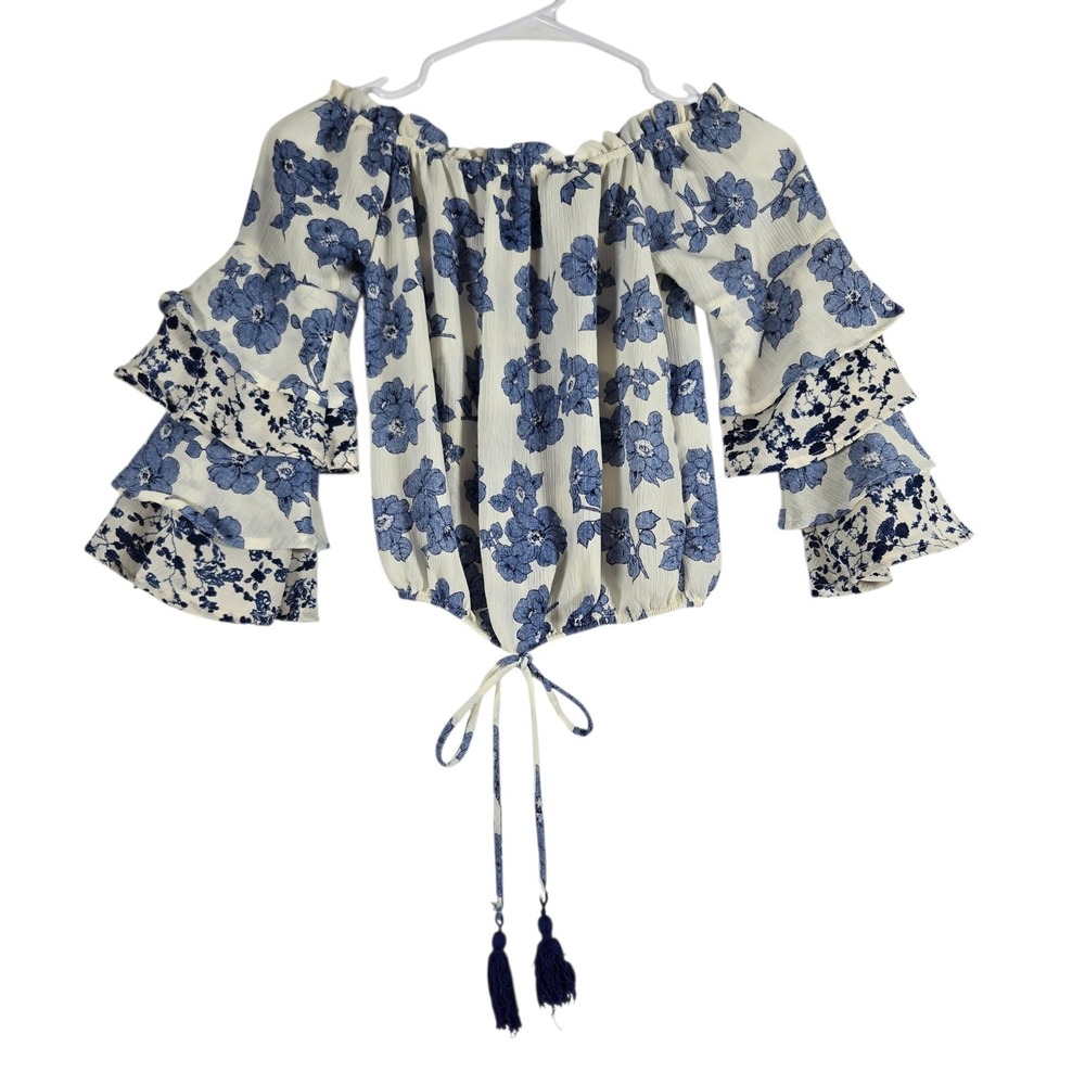 Vintage Havana Flamenco Sleeve Top Womens Small Blue Floral Off Shoulder Crop‎